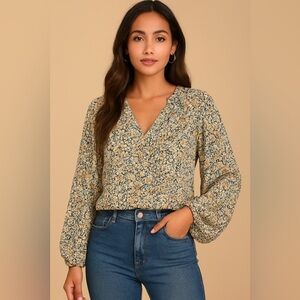 Lulus Season of Blooms Cream Multi Floral Print Size Small  Balloon Sleeve